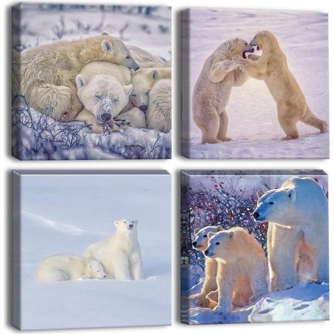 Lot de 4 tableaux décoratifs famille ours polaires 30x30cm toile imprimée sur bois prêt à poser (1/5)