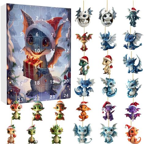 Calendrier de l'Avent de Noël sur le thème des dragons, boîte surprise, 24 décorations suspendues en acrylique en forme de dragon, coffret cadeau pour la décoration du sapin de Noël (1/5)