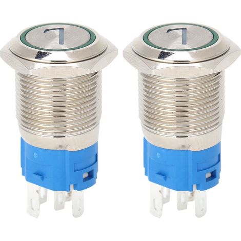 Interrupteur poussoir 16mm 5 broches auto-rétablissement avec voyant vert, 2 pièces 7220VAC inox (1/5)