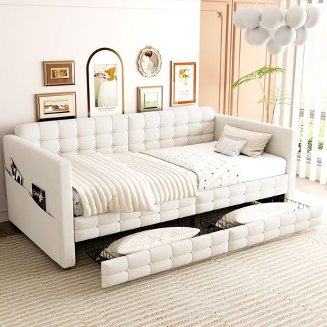 Canapé-lit capitonné velours beige 90x190 cm motif carreaux, lit simple d'appoint avec rangements latéraux et deux tiroirs sous le lit (sans Matelas) (1/5)