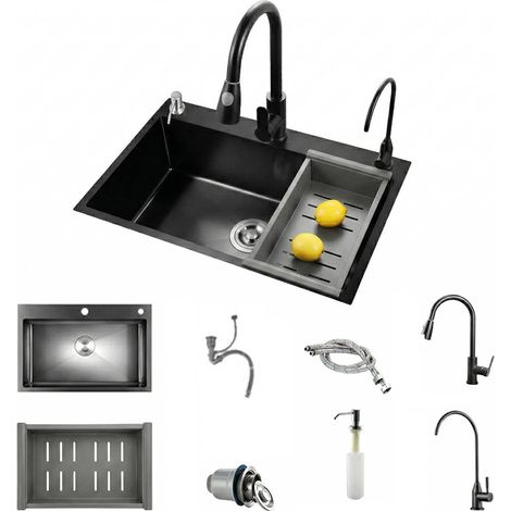 Évier Cuisine Noir en Acier Inoxydable 60 45CM, Évier Simple avec Robinet Extensible, Distributeur de Savon et Panier égouttoir avec Robinet Rétractable Panier Distributeur de Savon (1/5)