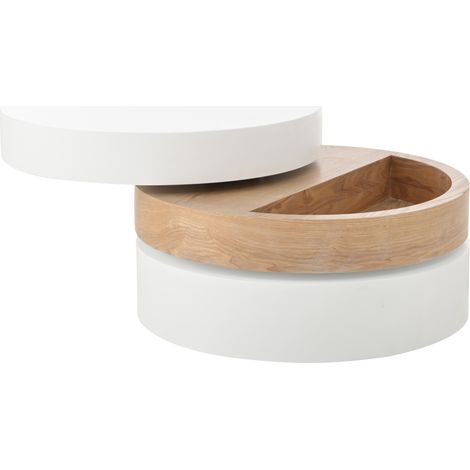 Table basse cylindrique pivotante en MDF et placage frêne avec rangement, 60 x 60 x 35,1 cm, blanc et bois naturel (1/5)