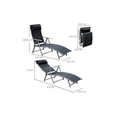 Chaise longue pliante noire en métal et tissu avec coussin, 137 x 63,5 x 100,5 cm, pour plage et terrasse (1/5)