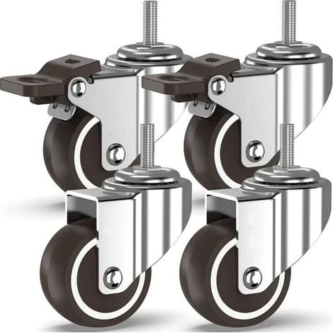 4 roulettes pivotantes à tiges filetées, roulettes de meuble, roulettes freinées pour transport d'essieux industriels (50 mm avec tiges M10, 2 avec freins, 2 sans freins) (1/4)
