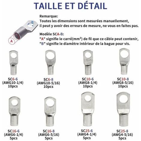Lot de 60 cosses électriques – Trou boulon – Cuivre étamé – Connecteurs SC à sertir ou souder – Pour câbles de 6, 8, 10, 16, 25 mm² (1/4)