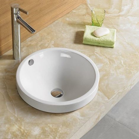 Rue Du Bain – Vasque semi-encastrable ronde en céramique blanche – Diamètre 45 cm – Trop-plein avec cache chromé – Installation sur meuble découpé (1/5)