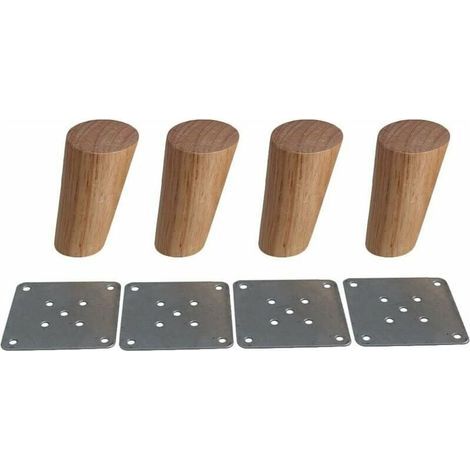 Lot de 4 pieds de meubles en bois massif incliné 10cm, Pieds de rechange avec plaque de montage et vis pour canapé, TV, lit, table à manger (1/4)