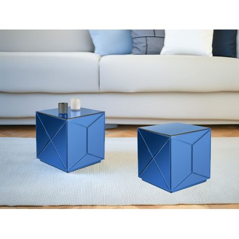 Kleiner Würfel Beistelltisch 2er Set mit Spiegelglas Blau, Höhe 40cm (1/5)