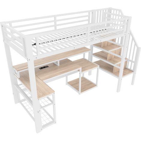 Hochbett 90 x 200 cm Metall/MDF weiß mit Schreibtisch, LED, USB und Stauraum (1/5)