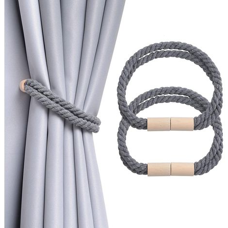 2 Stück Magnetische Vorhang Raffhalter aus Holz, Boho, Heimdekoration, drapierte Raffhalter, Baumwollseil, Vorhanghalter für Zuhause und Büro - Grau 02 (1/5)