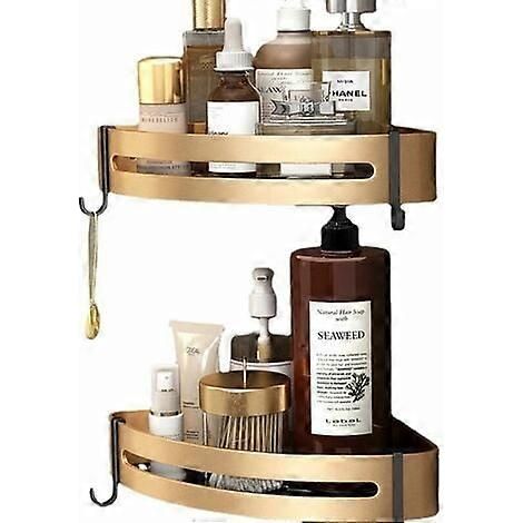Ensemble de deux étagères de rangement d'angle sans perçage, panier triangulaire adhésif en acier inoxydable avec crochets, idéal pour le shampoing, le savon, etc. (Couleur de l'image montrée) (1/5)