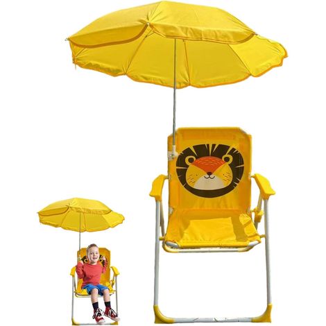 Chaise de camping pour enfants avec parasol, pliable et portable en tissu Oxford, avec auvent, idéale pour les activités estivales en plein air (jaune) (1/4)