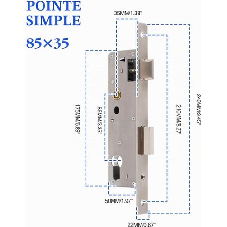 Serrure à cadre tubulaire en acier inoxydable Encastrée pour le travail du métal Distance 85 mm Cylindre de porte Avec languette en U Pour portail de (1/4)