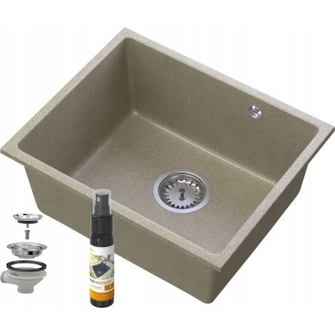Évier de cuisine en granit Manado 46 × 37.5 cm sous plan beige avec distributeur et siphon (1/5)