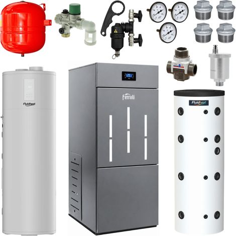 Pack chaudière à granulés BioPellet PRO 40 kW + chauffe-eau thermodynamique Fluidheat 250 L + ballon tampon + accessoires (1/5)
