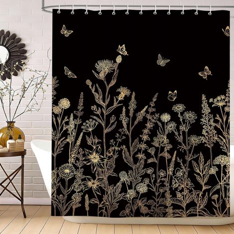 Rideau de Douche Vintage Fleurs Papillon 180x200cm Noir Dorées (1/5)