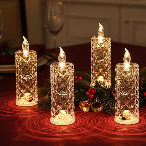 Lot de 4 bougies LED sans flamme en cristal, projection d'ombre de rose, base stable, fonctionne sur piles, idéales pour une décoration romantique (mariage, anniversaire, Noël), blanches. (1/5)