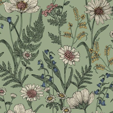 Fine Decor Wild Meadow Sage Green Wallpaper Floral Flowers Leaves Paste The Wall (1/4)