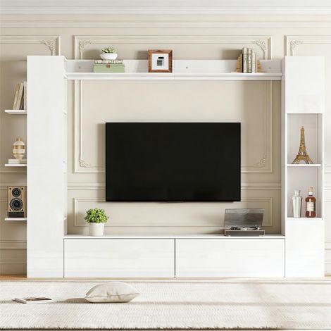 Ensemble mural, vitrines à sens d'ouverture réversible (lot de 4), ensemble mural compact offrant un grand espace de rangement, meuble TV, vitrine, meuble de rangement, spécialement conçu, blanc