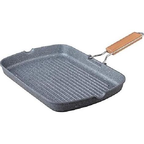Griglia Bistecchiera Rettangolare in Pietra Vulcanica 34x24 cm– Manico Legno Pieghevole – Antiaderente – Per Induzione, Gas, Elettrico