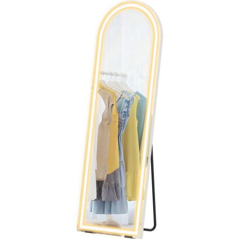 Miroir sur pied pleine longueur 150x50 cm arqué sans cadre, éclairage LED 3 températures, luminosité réglable, transparent