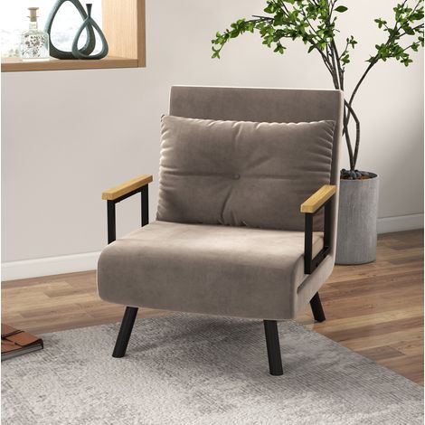 Sillón convertible 63 x 73 x 81 cm, respaldo 5 posiciones, efecto terciopelo, gris claro HAVRYA (1/5)
