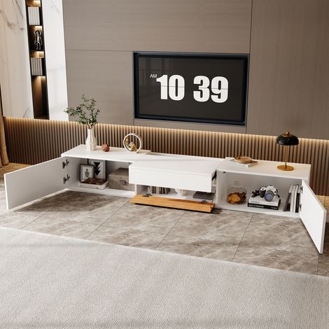 Mueble TV con Puertas y Huecos, Bandeja Extraíble para Proyector, Montaje en Pared o de Pie, 180 x 34 x 30 cm (1/5)