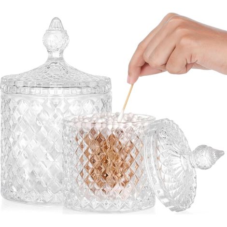 2 Bocaux Verre Couvercle Transparent Motif Diamant Rangement Coton Tige Bijoux Salle De Bain Cuisine (1/5)