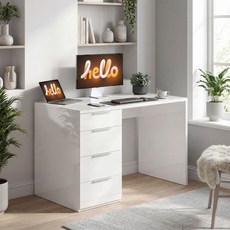 Bureau d'ordinateur à haute brillance avec 4 tiroirs. 110 x 60 cm. bureau avec rangement. style moderne. blanc