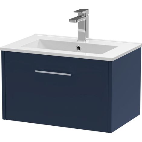 Winshill Contemporary 1 Drawer Wall Hung Vanity Unit with Minimalist Basin, Dark Blue, 600mm