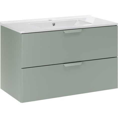 Hängendes Badezimmer-Set OSTER 80cm: Waschtischunterbau mit Salbeigrünen Schubladen + eingelassenes weißes Waschbecken