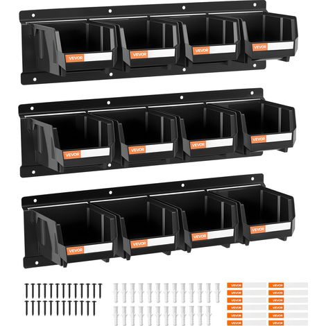 Bac à Bec Mural 12 PCS Bacs de Rangement Empilables Suspendus avec 3 Rails Métalliques, Boites de Rangement en Plastique pour Vis, Écrous, Boulons, Quincaillerie, Outils Atelier, Garage, Noir (1/5)