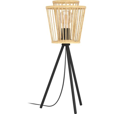 EGLO Tischlampe Hykeham, Stativ Nachttischlampe Boho Style, Dreibein Tischleuchte aus Bambus in Natur und Metall in Schwarz, Deko Lampe mit E27 Fassung (1/5)