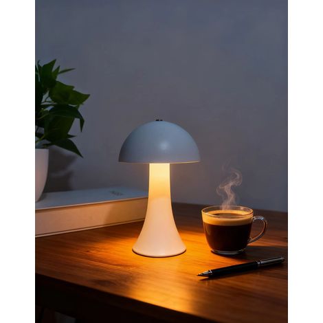 Lampe de table métal sans fil, design champignon – rechargeable USB, variateur tactile, vintage, pour intérieur et extérieur-Blanc (1/3)