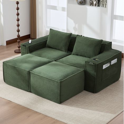 Canapé modulable 2 places en velours côtelé vert avec 2 poufs, porte-gobelets et poches OKWISH (1/5)