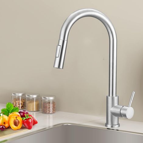 Mitigeur de Cuisine avec Douchette Extractible - Robinet Cuisine en Inox Rotatif à 360 ° Mitigeur d'Évier avec 2 Modes de Sortie D'eau - Brossé (1/5)