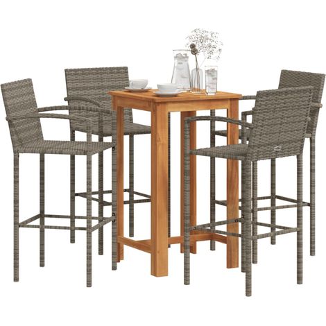 5-tlg. Gartenbar-Set Grau Massivholz Akazie und Poly Rattan