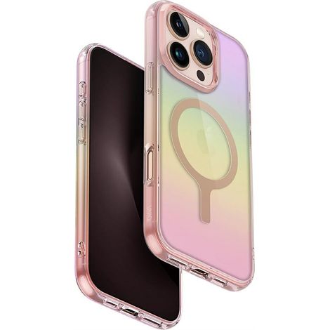 Coque UNIQ Iridescia pour iPhone 16 Pro avec chargement Magclick, prisme rose (1/5)