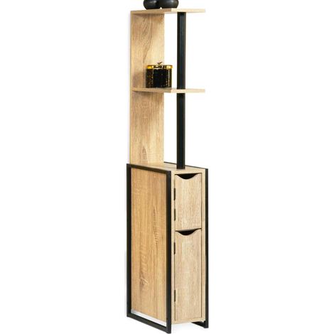 Idmarket – Meuble WC 2 portes avec étagères en métal et bois – Dimensions 18x30x119 cm – Rangement compact pour petits espaces – Design industriel
