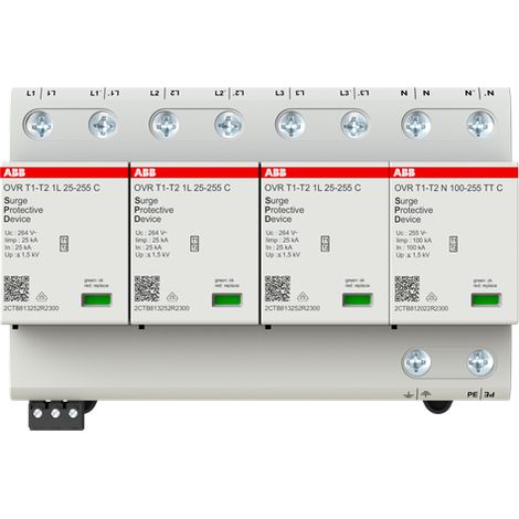 Parafoudre débro. OVR T1-T2 Iimp. 25KA- 3P+N- 230/400V Uc 255V TNS/TT av. TS 2CTB812111R2300 ABB B611464 (1/3)