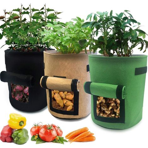 Lot de 3 sacs de culture de pommes de terre, jardinière de patates douces en tissu imperméable à l'aération de 7 gallons, fenêtre de récolte, boîte de culture de cacahuètes et légumes pour pépinière ( (1/5)