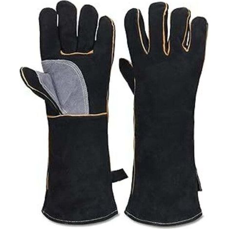 Guanti in pelle ignifuga per alte temperature con cuciture in Kevlar, perfetti per caminetti, stufe, forni, grill, saldatura e manipolazione di animali, nero-grigio (1/4)
