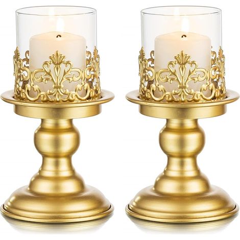 Kerzenständer Set 2 Stück Gold mit Glas-Hurrikan für Stumpenkerzen (1/5)