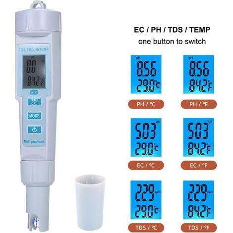 4 en 1 Testeur Numérique pH/EC/TDS/ Mètre et Compteur de Température 0.01 PH Haute Précision Testeur de Qualité de L'eau pour les Ménages Potables, Piscine et Aquarium (1/4)