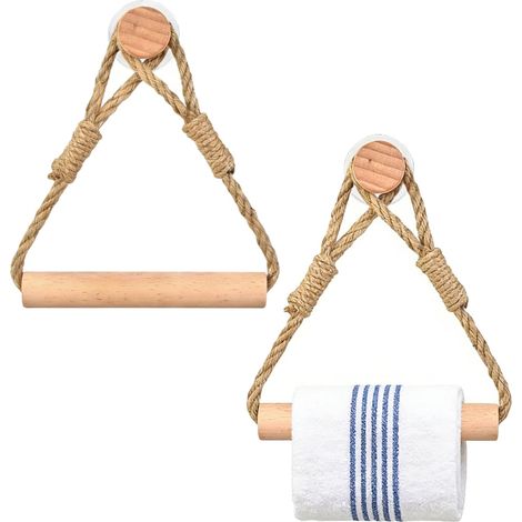 Lot de 2 porte-serviettes sans perçage - En bois - Corde de chanvre - Rétro minimaliste - Organiseur pour salle de bain, WC, cuisine (1/5)
