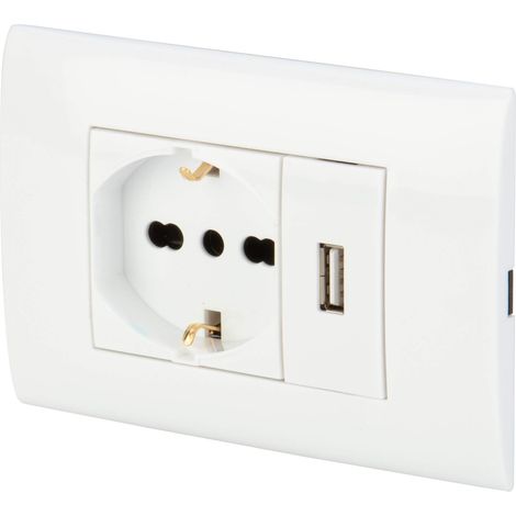 Kit à encastrer 250V avec poste prise courant électrique Schuko Pluristandard 10A - 16A italienne/allemande et prise USB 2.1A - Blanc avec boîtier pour le montage mural (1/5)