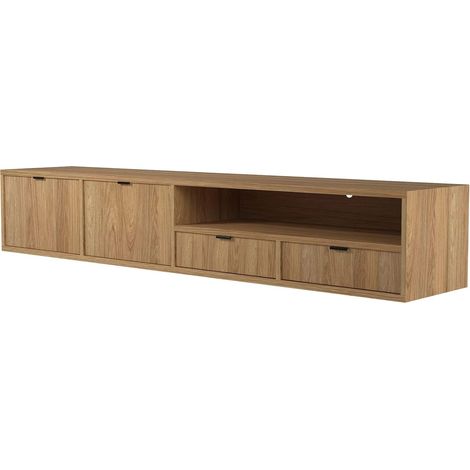 Mobile Porta TV Sospeso Moderno Con 2 Ante A Ribalta 2 Cassetti E Vano A Giorno Con Passacavo Per Soggiorno Salotto Zona Living Design Minimal Contemporaneo 200 X 55 X 40 Cm Rovere (1/5)