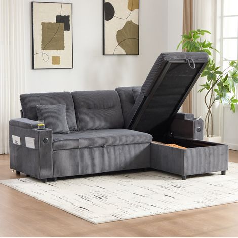 Canapé d'angle convertible 3 places avec rangement, USB-C et porte-gobelets, gris OKMYHOME (1/5)