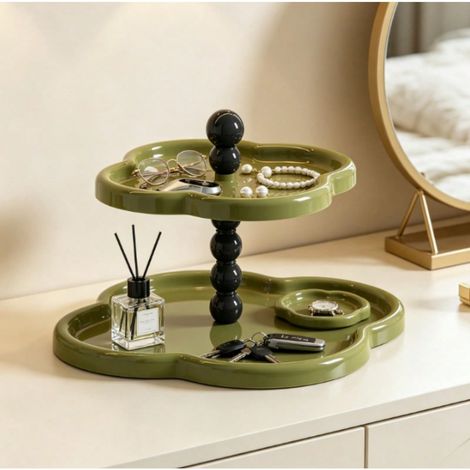 Plateau de rangement décoratif en forme de nuage, support de comptoir mignon pour bijoux, parfums, cosmétiques et clés, décoration pour coiffeuse de chambre à coucher, vert vintage, 2 niveaux (1/3)