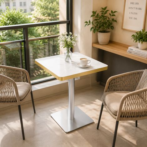 Table à manger carrée en plaque UV aspect marbre, piétement en métal, moderne (1/5)
